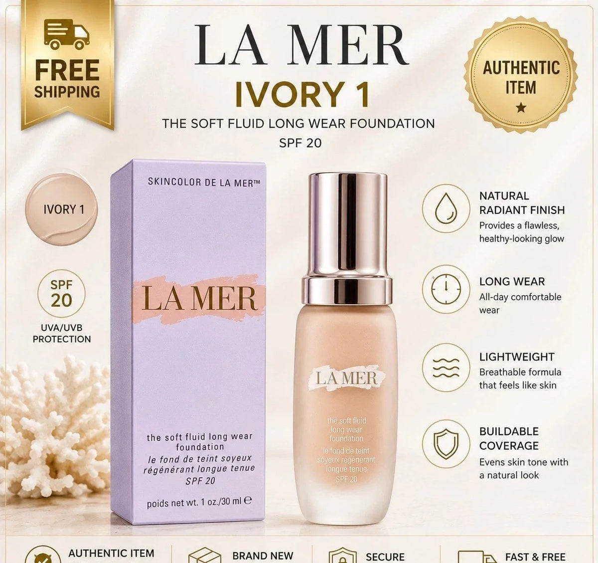 La Mer The Soft Fluid Long Wear Foundation 1oz SPF 20 SEALED Fit And Glow