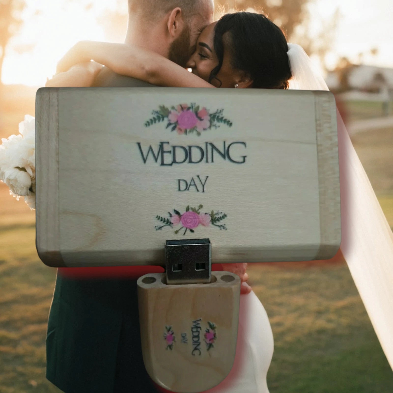 Wooden USB Flash Drive With Wooden Box Wedding Photo Storage Memory Stick
